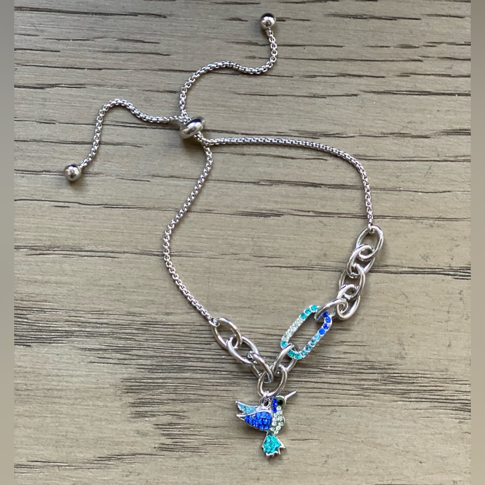 Crystal Collective Fine Silver Pleated Blue Crystal Hummingbird Charm Bracelet